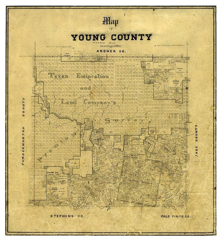 Young County Texas - Finerney 1880 Black Ornate Wood Framed Art Print with Double Matting by Finerney