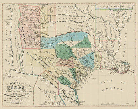 Texas, Colorado, with Red River Land Grants 1821 Black Ornate Wood Framed Art Print with Double Matting by Land Co