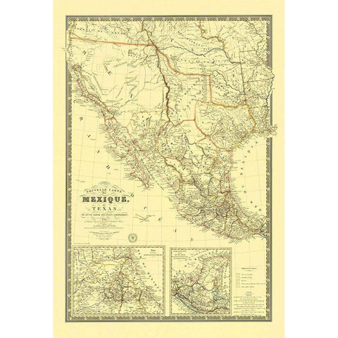 New Map of Mexico and Texas - 1840 Gold Ornate Wood Framed Art Print with Double Matting by Unknown