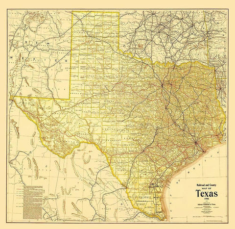 Railroad and County Map of Texas - 1908 Black Ornate Wood Framed Art Print with Double Matting by Thompson