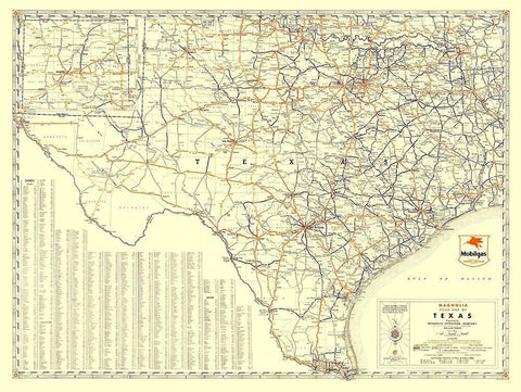 Texas Road Map from Magnolia Petro 1933 Black Ornate Wood Framed Art Print with Double Matting by General Drafting