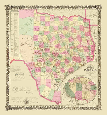 Texas - USGLO 1867 Black Ornate Wood Framed Art Print with Double Matting by USGLO