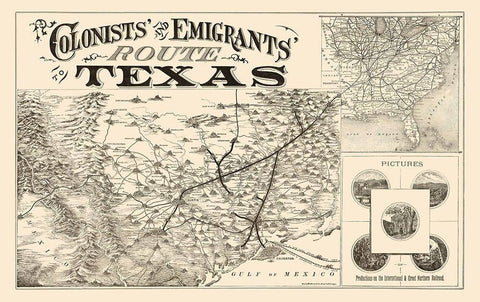 Texas Colonists and Emigrants Route 1878 Black Ornate Wood Framed Art Print with Double Matting by Rand McNally