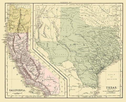 Texas with California and Oregon - Appleton 1864 Black Ornate Wood Framed Art Print with Double Matting by Appleton