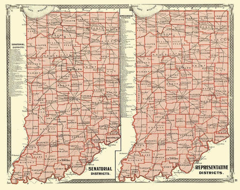 Indiana Senatorial, Representative Districts 1876 White Modern Wood Framed Art Print with Double Matting by Baskin