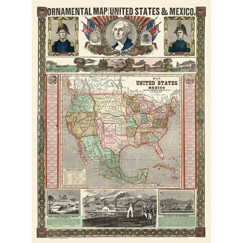 United States - Mexico - Thayer 1868 Gold Ornate Wood Framed Art Print with Double Matting by Thayer