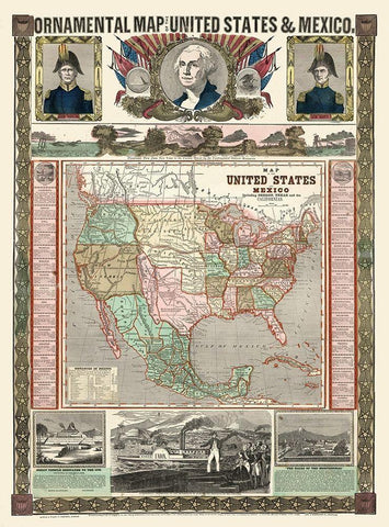United States - Mexico - Thayer 1868 White Modern Wood Framed Art Print with Double Matting by Thayer