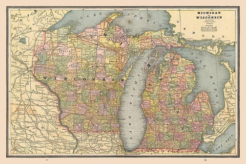 Michigan, Wisconsin - Cram 1888 White Modern Wood Framed Art Print with Double Matting by Cram
