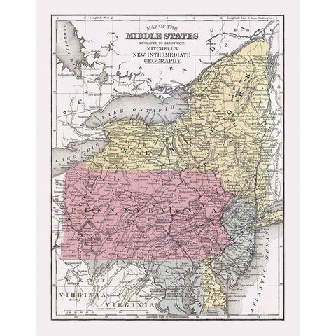 Middle States - Mitchell 1877 White Modern Wood Framed Art Print by Mitchell