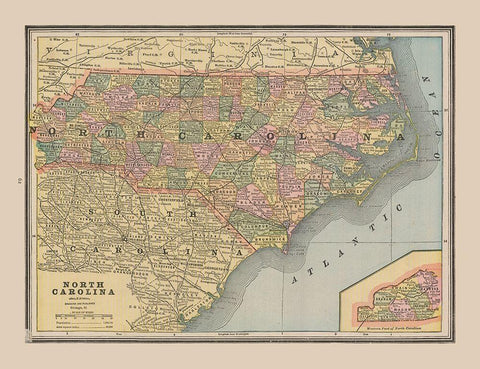North Carolina, United States - Cram 1888 White Modern Wood Framed Art Print with Double Matting by Cram
