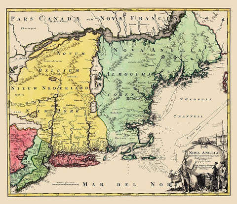 New England, United States - Homann 1759 White Modern Wood Framed Art Print with Double Matting by Homann