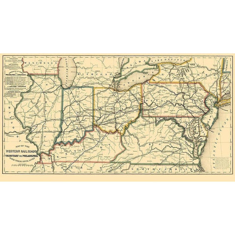 Western Railroads, Tributary to Philadelphia 1851 Black Modern Wood Framed Art Print with Double Matting by Williams
