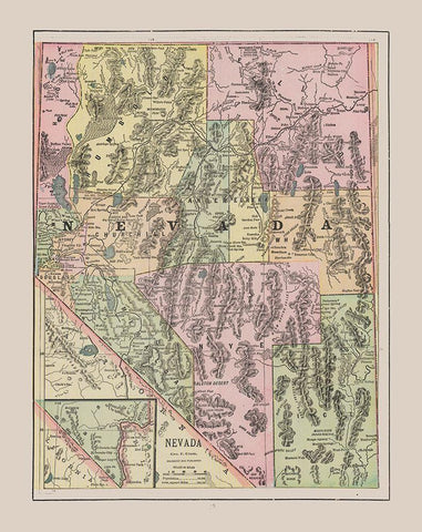 Nevada - Cram 1892 White Modern Wood Framed Art Print with Double Matting by Cram