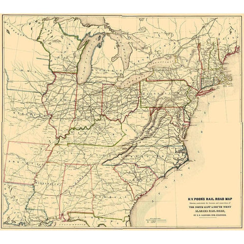 North East and South West Alabama 1854 White Modern Wood Framed Art Print by Poor