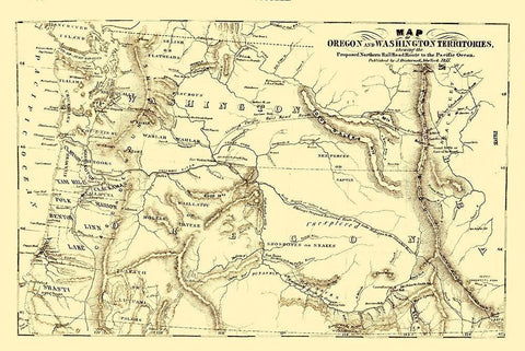 Oregon and Washington Proposed Railroad Route 1855 White Modern Wood Framed Art Print with Double Matting by Disturnell