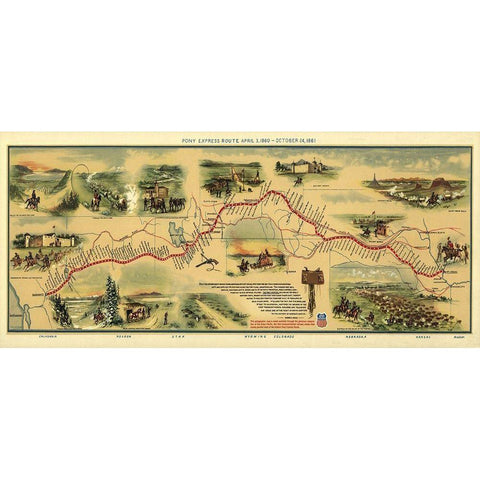 Pony Express Route April 3, 1860 White Modern Wood Framed Art Print by Jackson