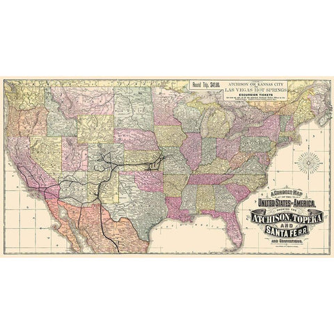 Atchison, Topeka and Santa Fe Railroad 1881 Black Modern Wood Framed Art Print by Rand McNally