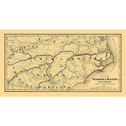 Seaboard and Raleigh Railroad - Colton 1874 Gold Ornate Wood Framed Art Print with Double Matting by Colton