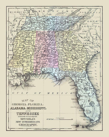 South Eastern United States - Mitchell 1877 White Modern Wood Framed Art Print with Double Matting by Mitchell