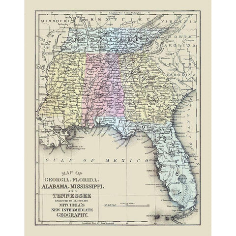 South Eastern United States - Mitchell 1877 White Modern Wood Framed Art Print by Mitchell