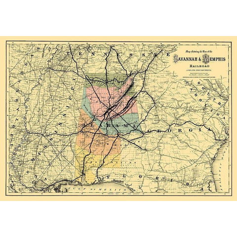 Savannah and Memphis Railroad - Colton 1872 White Modern Wood Framed Art Print by Colton