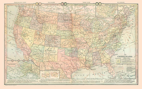 United States - Time Zones - Monteith 1882 White Modern Wood Framed Art Print with Double Matting by Monteith