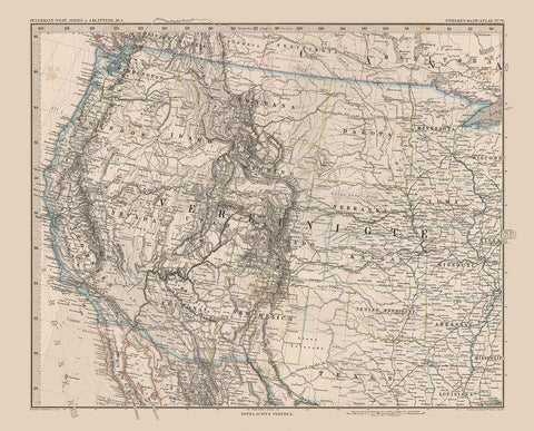 Western United States - Stieler 1885 White Modern Wood Framed Art Print with Double Matting by Stieler