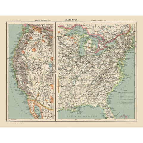 West and East United States - Schrader 1908 Gold Ornate Wood Framed Art Print with Double Matting by Schrader
