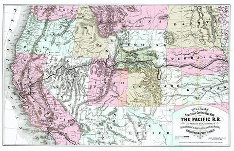 Pacific Railroad with Routes to California 1877 White Modern Wood Framed Art Print with Double Matting by Williams