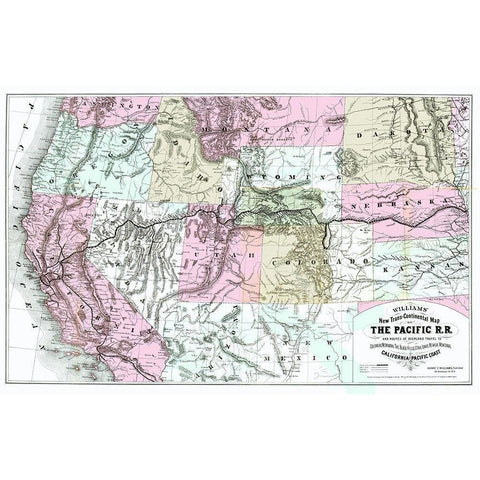 Pacific Railroad with Routes to California 1877 Gold Ornate Wood Framed Art Print with Double Matting by Williams
