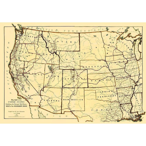 Mail Routes West of the Mississippi River White Modern Wood Framed Art Print by Boyd