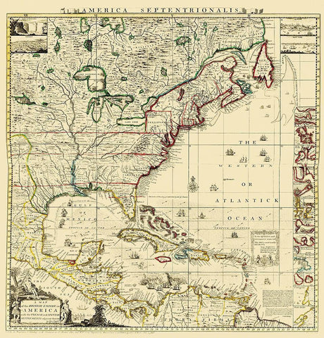 Amerique Septentrionale - Popple 1733 Black Ornate Wood Framed Art Print with Double Matting by Popple
