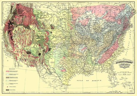 US and Territories Geological Map 1874 Black Ornate Wood Framed Art Print with Double Matting by Asher