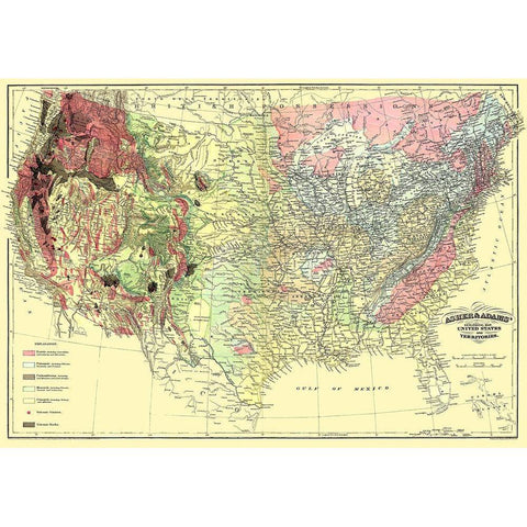 US and Territories Geological Map 1874 Gold Ornate Wood Framed Art Print with Double Matting by Asher
