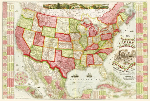 American Union Railroads - Haasis 1866 Black Ornate Wood Framed Art Print with Double Matting by Haasis