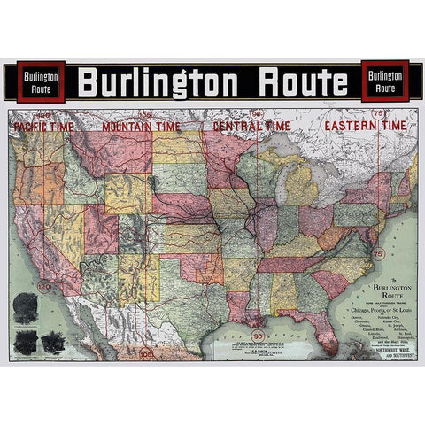 Burlington Railroad Route - Rand McNally 1892 Gold Ornate Wood Framed Art Print with Double Matting by Rand McNally