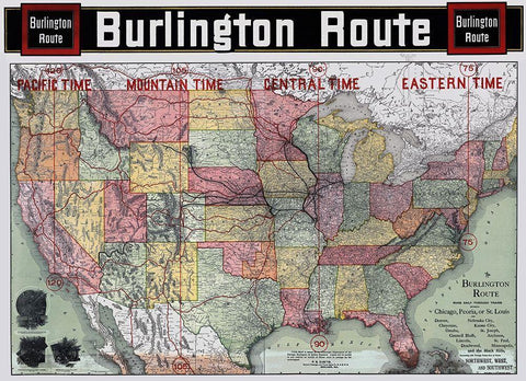 Burlington Railroad Route - Rand McNally 1892 Black Ornate Wood Framed Art Print with Double Matting by Rand McNally