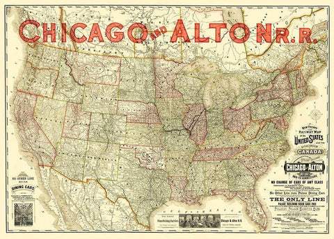 Chicago and Alton Railroad - Rand McNally 1883 Black Ornate Wood Framed Art Print with Double Matting by Rand McNally