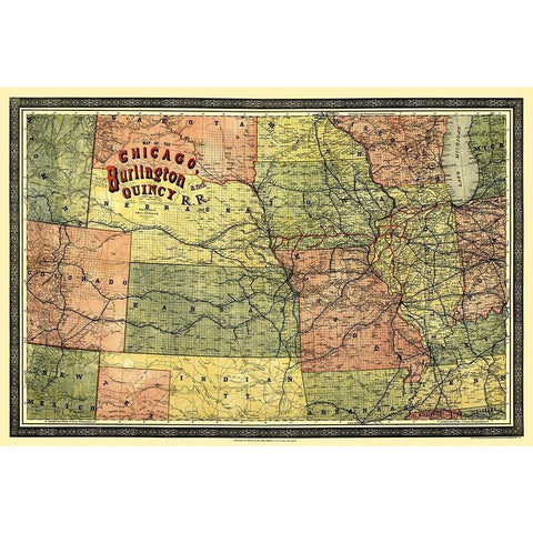 Chicago, Burlington and Quincy Railroad 1879 Black Modern Wood Framed Art Print with Double Matting by Heubach