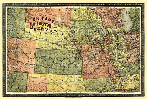 Chicago, Burlington and Quincy Railroad 1879 Black Ornate Wood Framed Art Print with Double Matting by Heubach