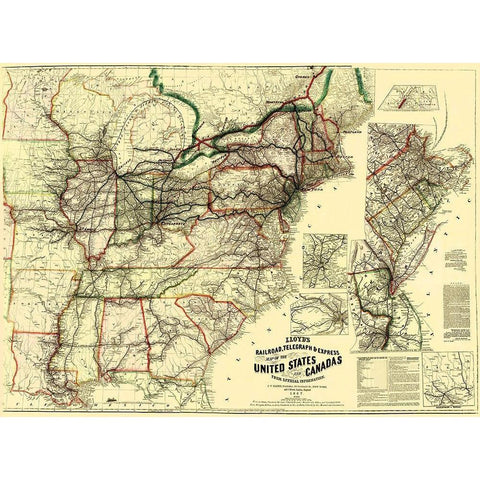 Railroads, Telegraph, Express in US, Canada 1867 Black Modern Wood Framed Art Print with Double Matting by Lloyd