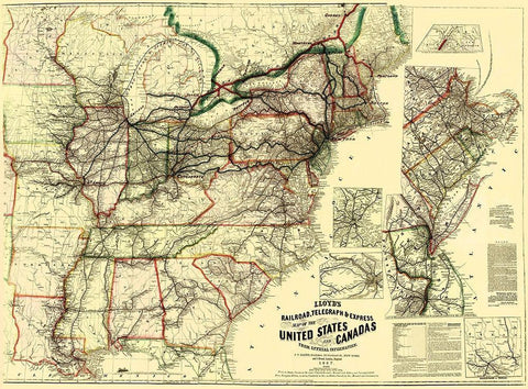 Railroads, Telegraph, Express in US, Canada 1867 Black Ornate Wood Framed Art Print with Double Matting by Lloyd