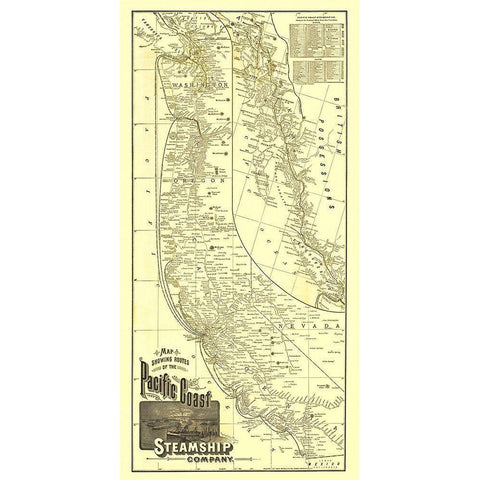 Pacific Coast Steamship Company Routes - 1891 Black Modern Wood Framed Art Print with Double Matting by McNally