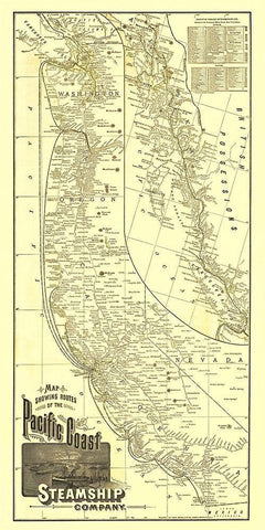 Pacific Coast Steamship Company Routes - 1891 Black Ornate Wood Framed Art Print with Double Matting by McNally