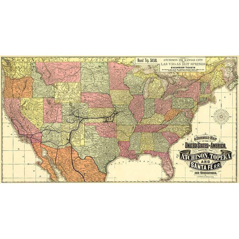 Atchison, Topeka and Santa Fe Railroad 1888 Gold Ornate Wood Framed Art Print with Double Matting by Rand McNally