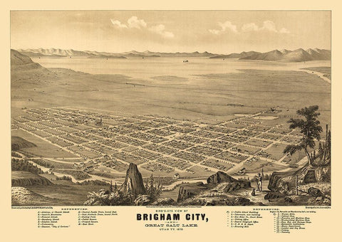 Brigham Utah - Glover 1875 Black Ornate Wood Framed Art Print with Double Matting by Glover