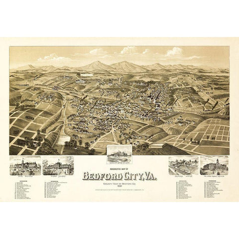Bedford Virginia - 1891 Gold Ornate Wood Framed Art Print with Double Matting by Unknown