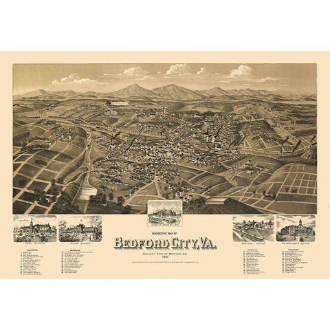 Bedford Virginia - Perry 1891 Gold Ornate Wood Framed Art Print with Double Matting by Perry