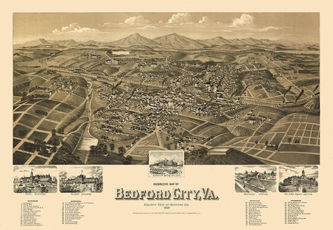 Bedford Virginia - Perry 1891 Black Ornate Wood Framed Art Print with Double Matting by Perry