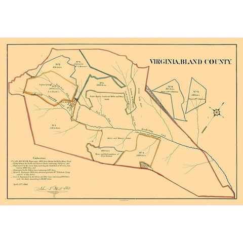 Bland County Virginia - Peck 1866 Gold Ornate Wood Framed Art Print with Double Matting by Peck